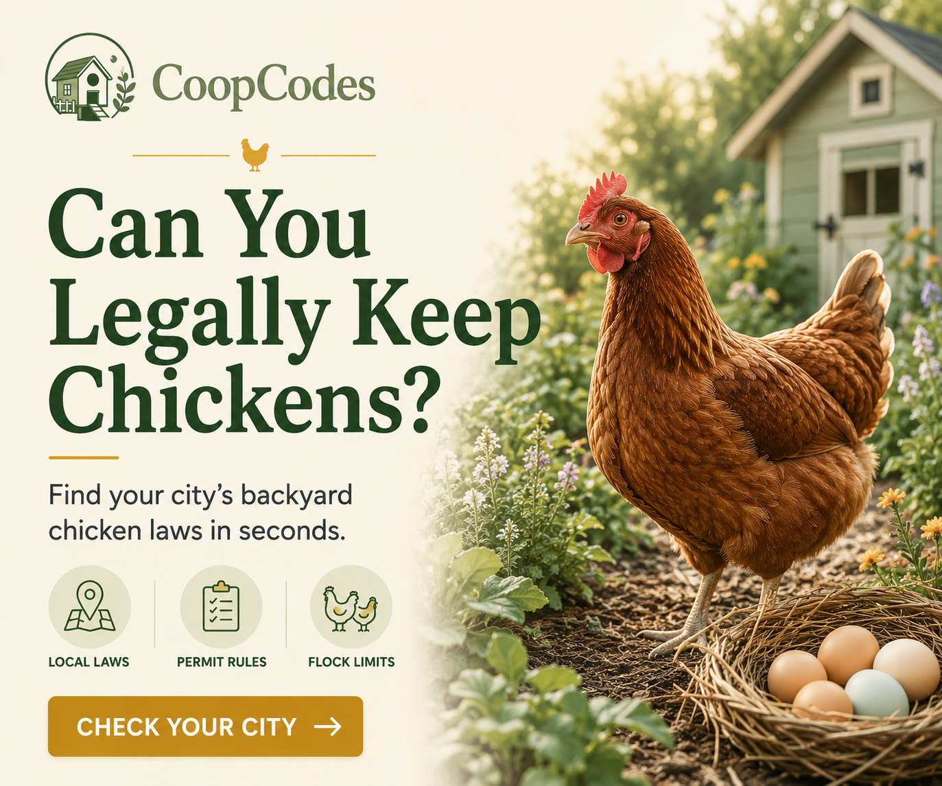 Sell chicken feed, coops, or chicks? Reach people researching backyard chickens in their city — sponsor CoopCodes.
